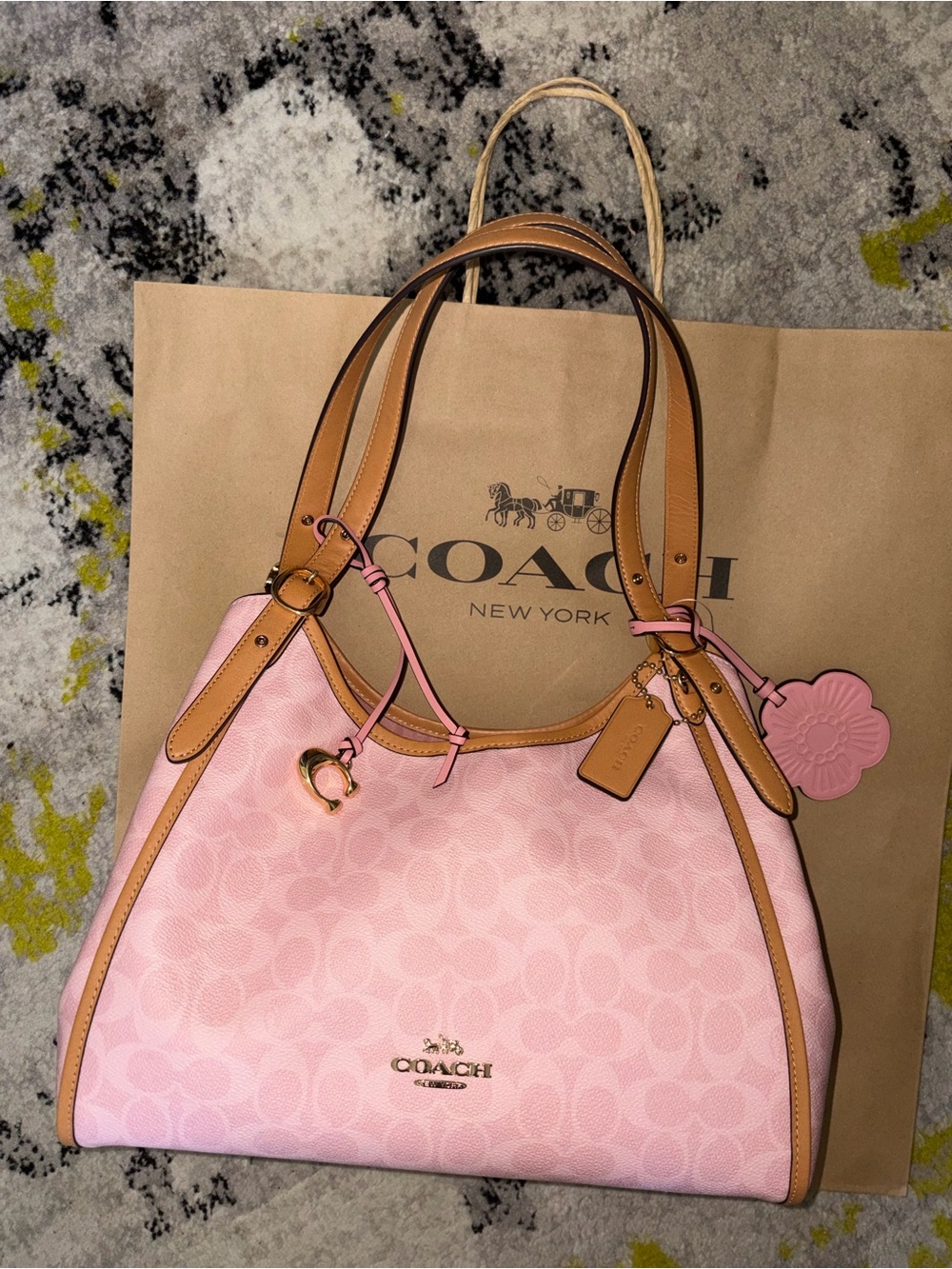 Coach Powder Pink Signature Shoulder Bag with Tan Trim & Charms